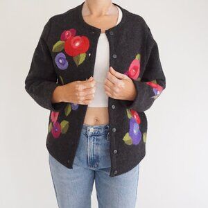 Susan Bristol Graphite Gray Floral 100% Wool Button Up Sweater Cardigan Y2K L